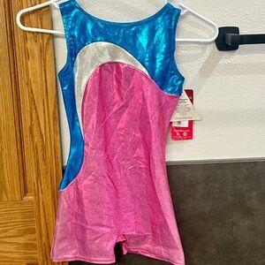 NWT Mondor Dance Gymnastics Leotard Unitard 10-12 Pink Blue Silver Shorts